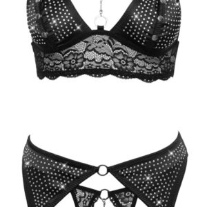 3-teiliges Set mit Spitze, Strassbesatz und Ring- & Kettchen-Details