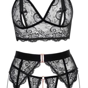 3-teiliges Straps-Set aus Spitze mit Samtdetails