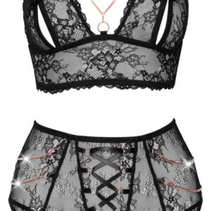 3-teiliges Straps-Set aus Spitze mit Strasskettchen-Besatz