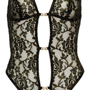 Body ouvert aus schwarzer Spitze mit goldfarbenen Glitzerdetails